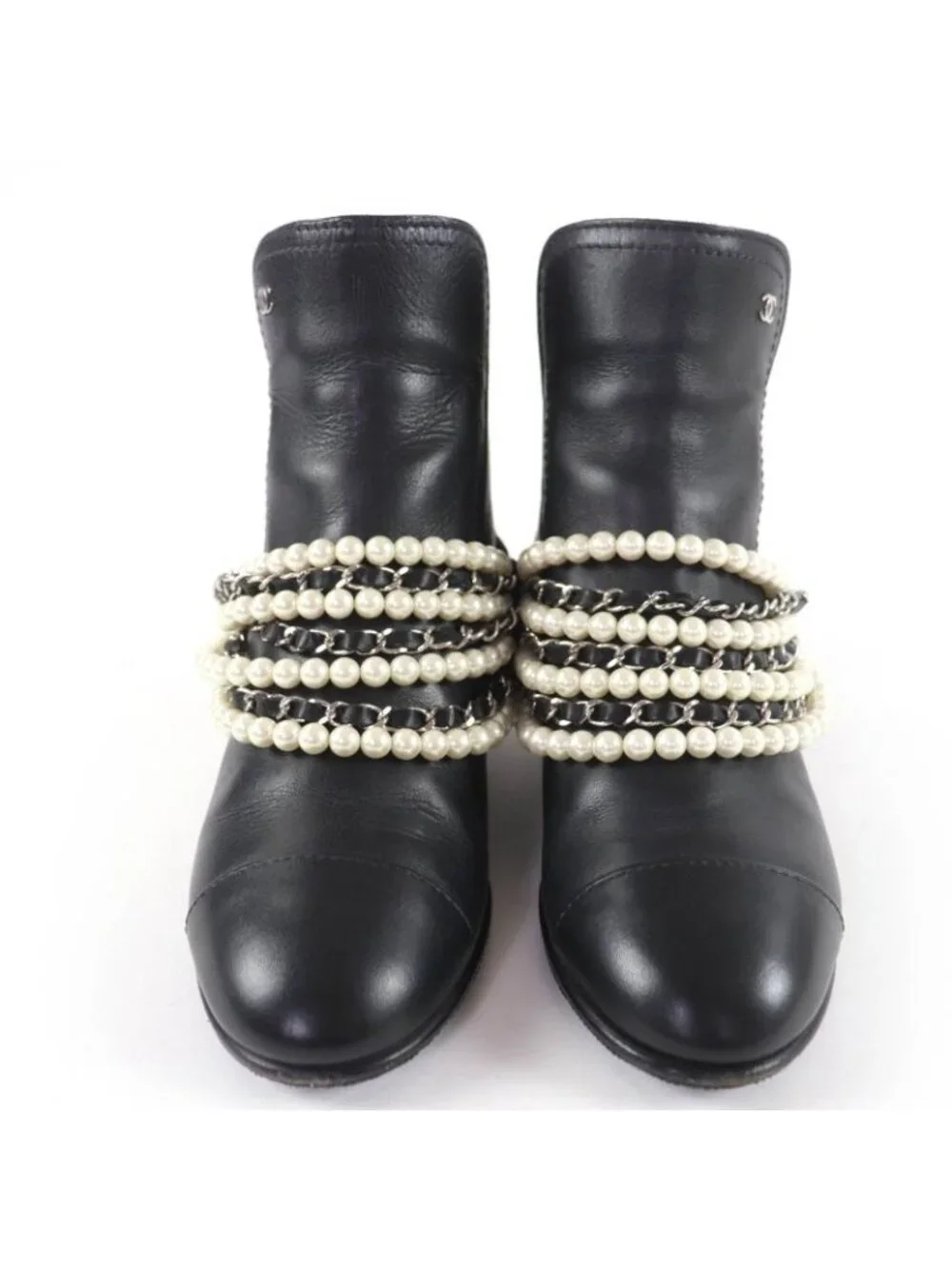 Chanel CC Logo Faux Pearl Chain Leather Short Boots Black 36 - Picture 4 of 13